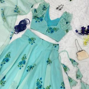 The pista color jimmy organza silk lehenga and blouse and dupatta